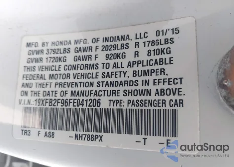 2015 Honda Civic Ex-L z USA, uszkodzony, nr VIN 19XFB2F96FE041206